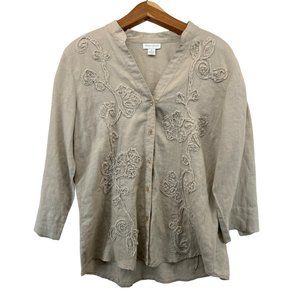Charter Club Womens Top Sz 12 Beige 100% Linen Embroidered Button Up 3/4 Sleeve